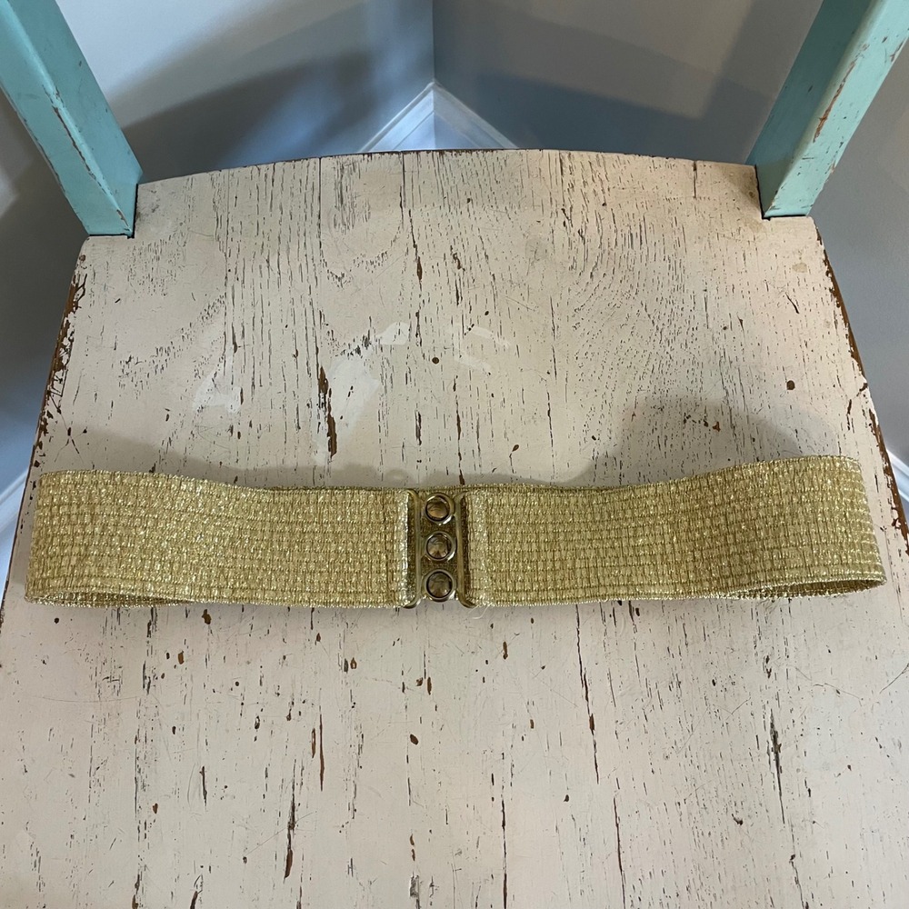 VTG Malco Mode Gold Metallic Elastic Cinch Belt Wide Triple Clasp M Retro Dance